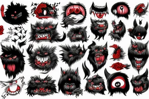 fluffy black monster with red eyes tattoo idea