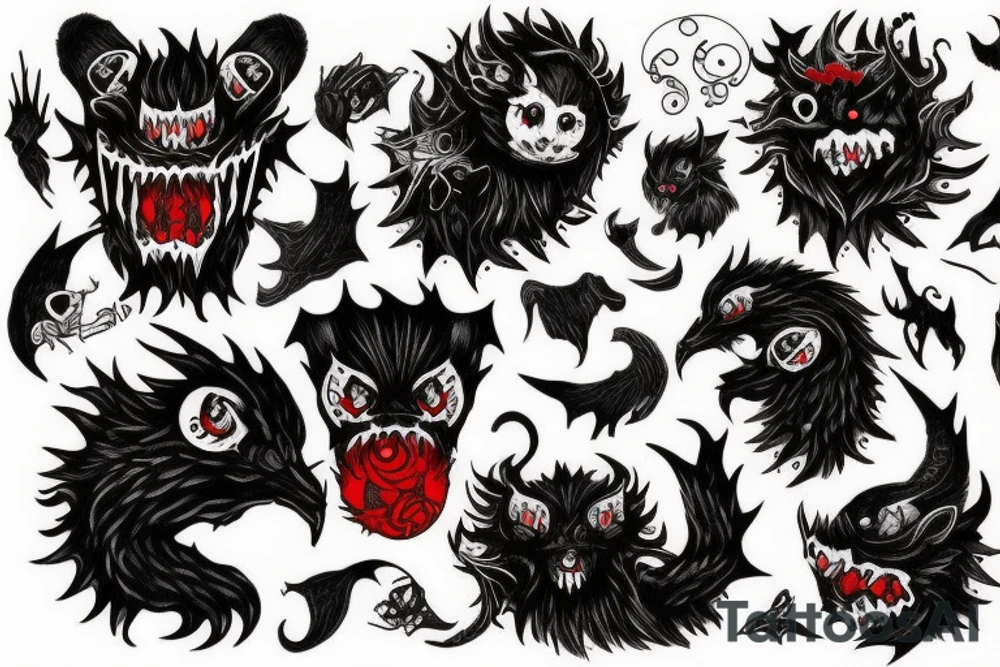 fluffy black monster with red eyes tattoo idea