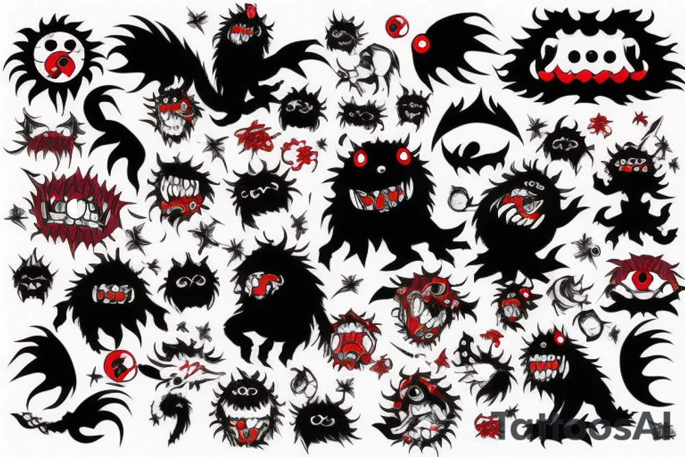 fluffy black monster with red eyes tattoo idea