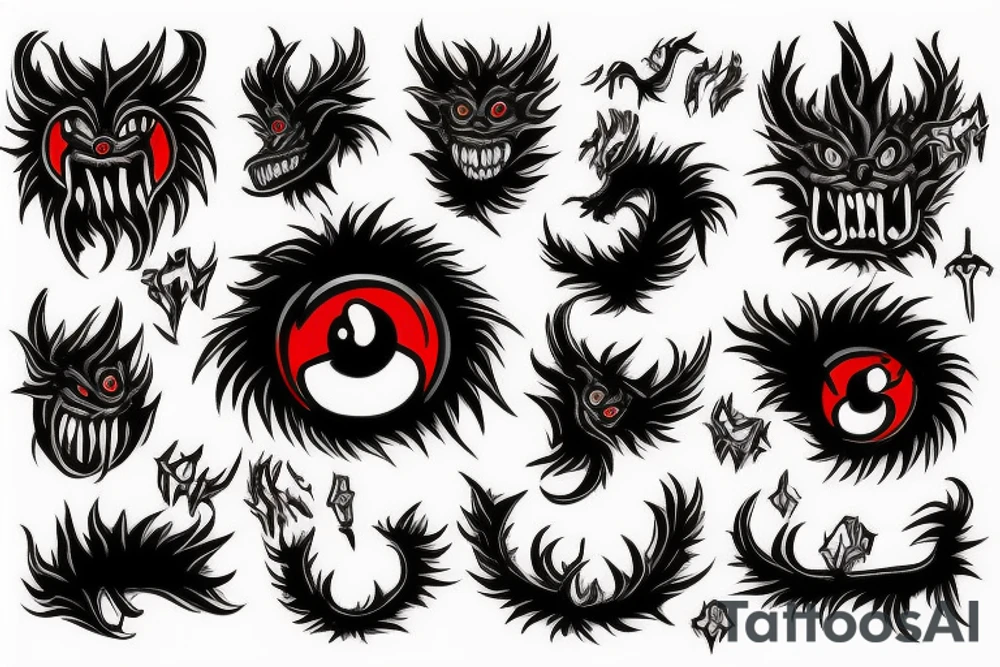 fluffy black monster with red eyes tattoo idea