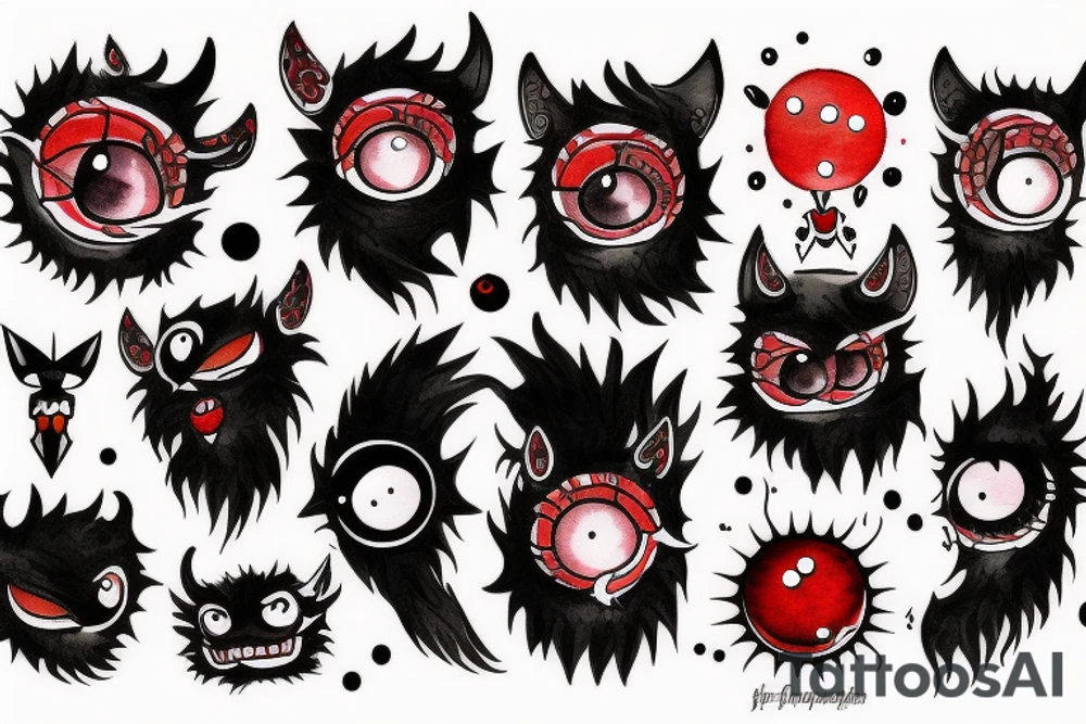 fluffy black monster with red eyes tattoo idea