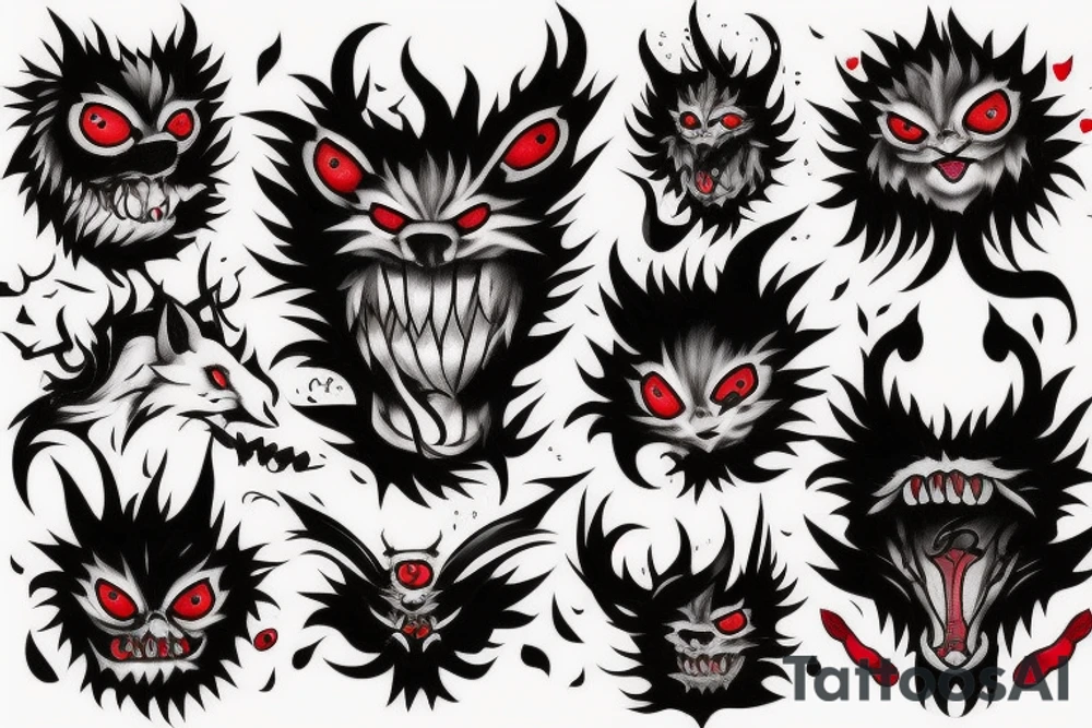 fluffy black monster with red eyes tattoo idea