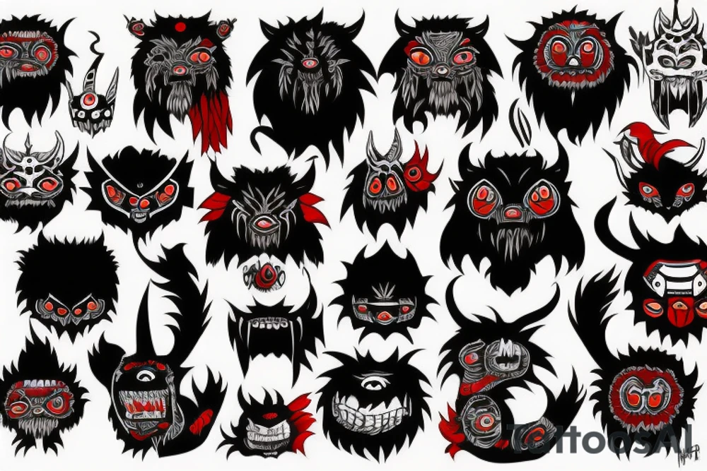 fluffy black monster with red eyes tattoo idea