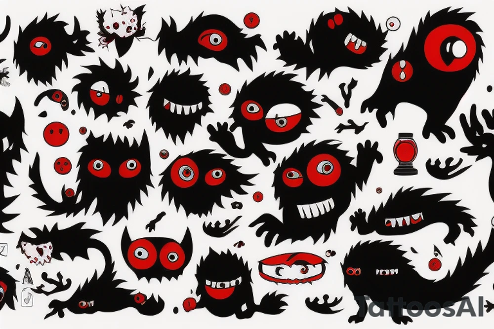 fluffy black monster with red eyes tattoo idea