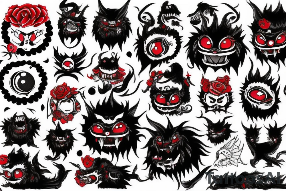 fluffy black monster with red eyes tattoo idea