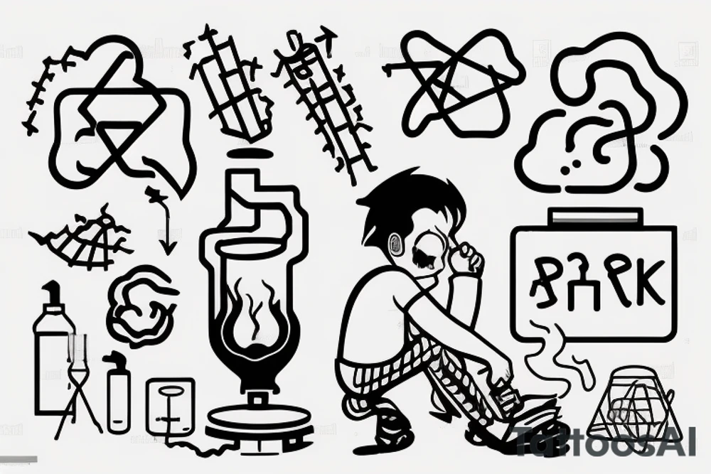A boy starting a small green fire on the floor of a large dark, empty room. His shadow appears large on the wall. Text reads “Punk Science” tattoo idea