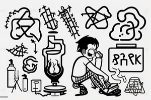 A boy starting a small green fire on the floor of a large dark, empty room. His shadow appears large on the wall. Text reads “Punk Science” tattoo idea