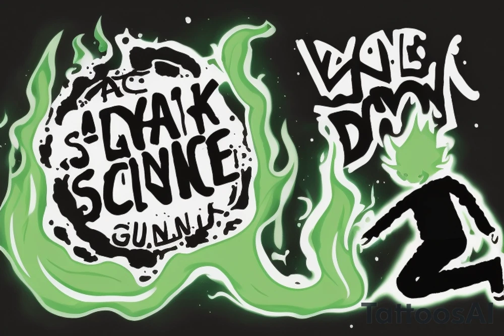 A boy starting a small green fire on the floor of a large dark, empty room. His shadow appears large on the wall. Text reads “Punk Science” tattoo idea