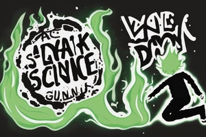 A boy starting a small green fire on the floor of a large dark, empty room. His shadow appears large on the wall. Text reads “Punk Science” tattoo idea