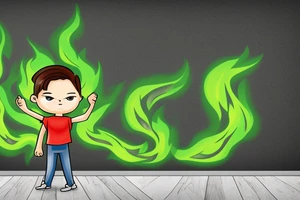 A boy starting a small green fire on the floor of a large dark, empty room. His shadow appears large on the wall. Shoulder tattoo. tattoo idea