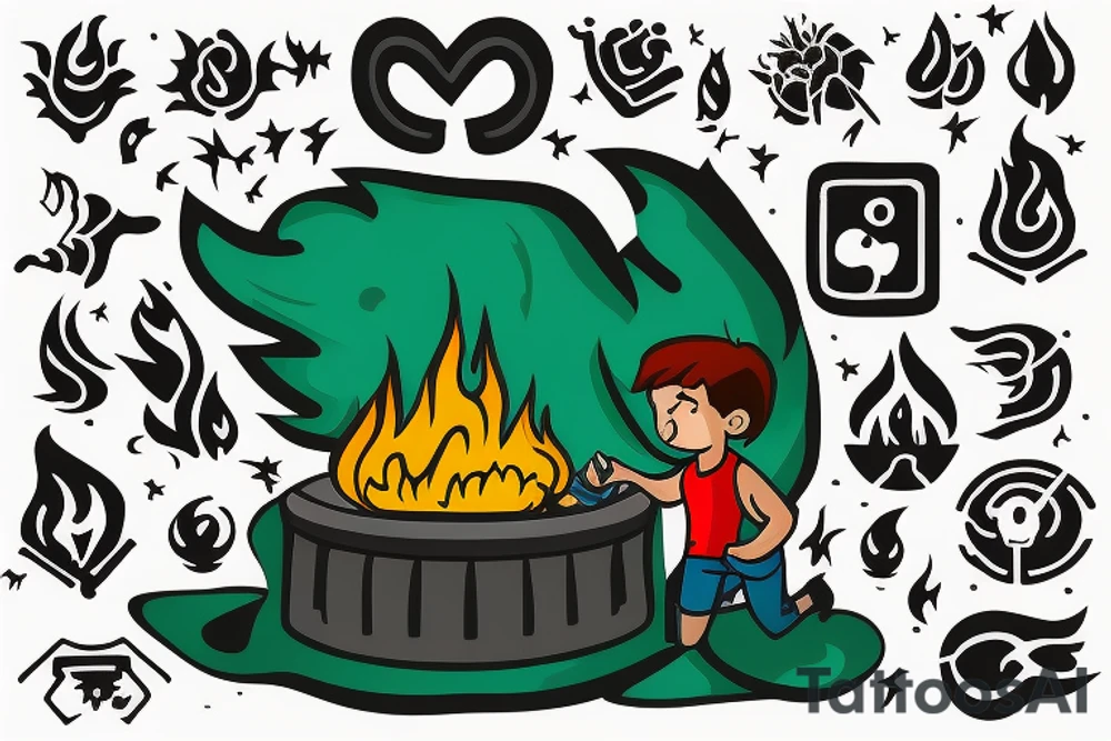 A boy starting a small green fire on the floor of a large dark, empty room. His shadow appears large on the wall. Shoulder tattoo. tattoo idea