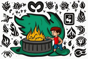 A boy starting a small green fire on the floor of a large dark, empty room. His shadow appears large on the wall. Shoulder tattoo. tattoo idea
