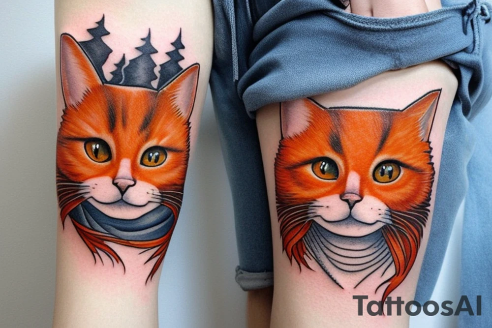 orange long-haired cat with snowy mountains tattoo idea