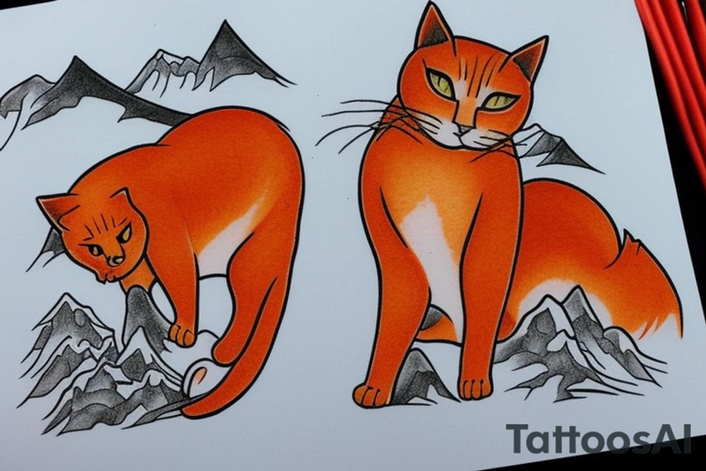 orange cat looking at a snowy mountain tattoo idea