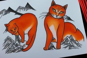 orange cat looking at a snowy mountain tattoo idea