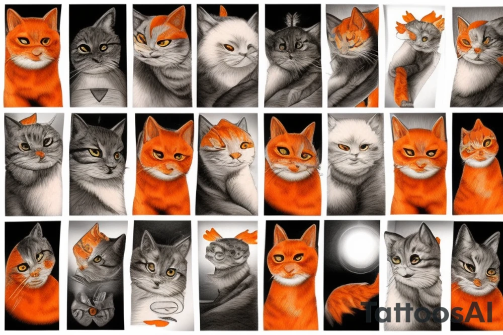 orange cat looking at a snowy mountain tattoo idea