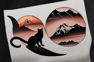 silhouette of a cat looking at mount denali at sunset tattoo idea