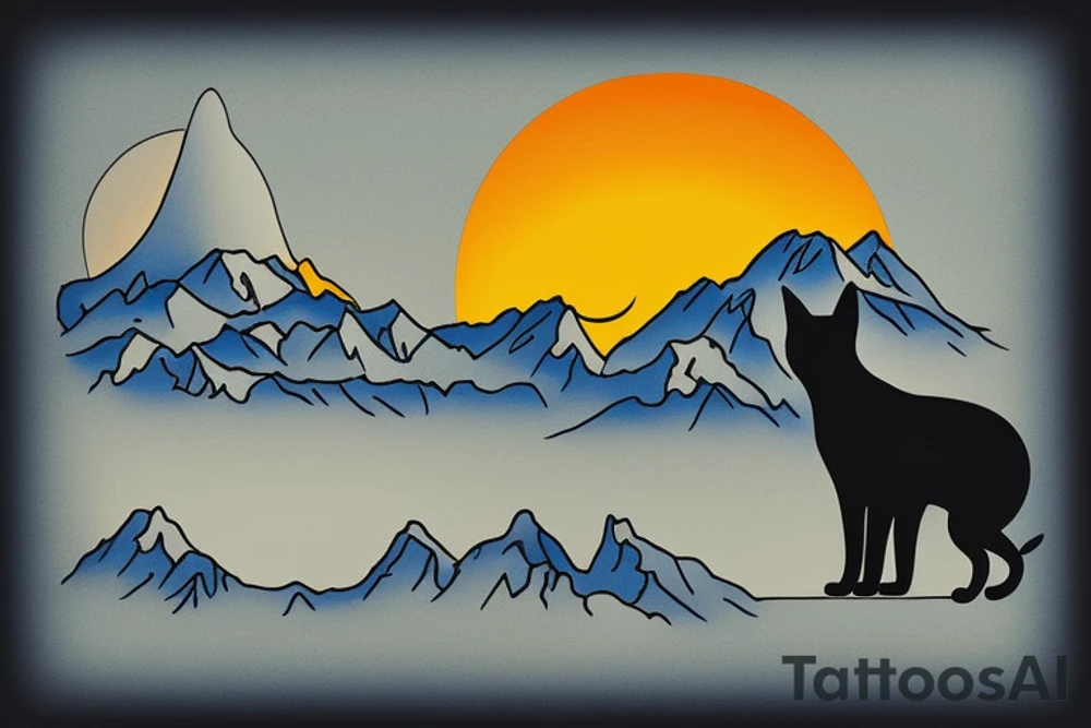 silhouette of a cat looking at mount denali at sunset tattoo idea