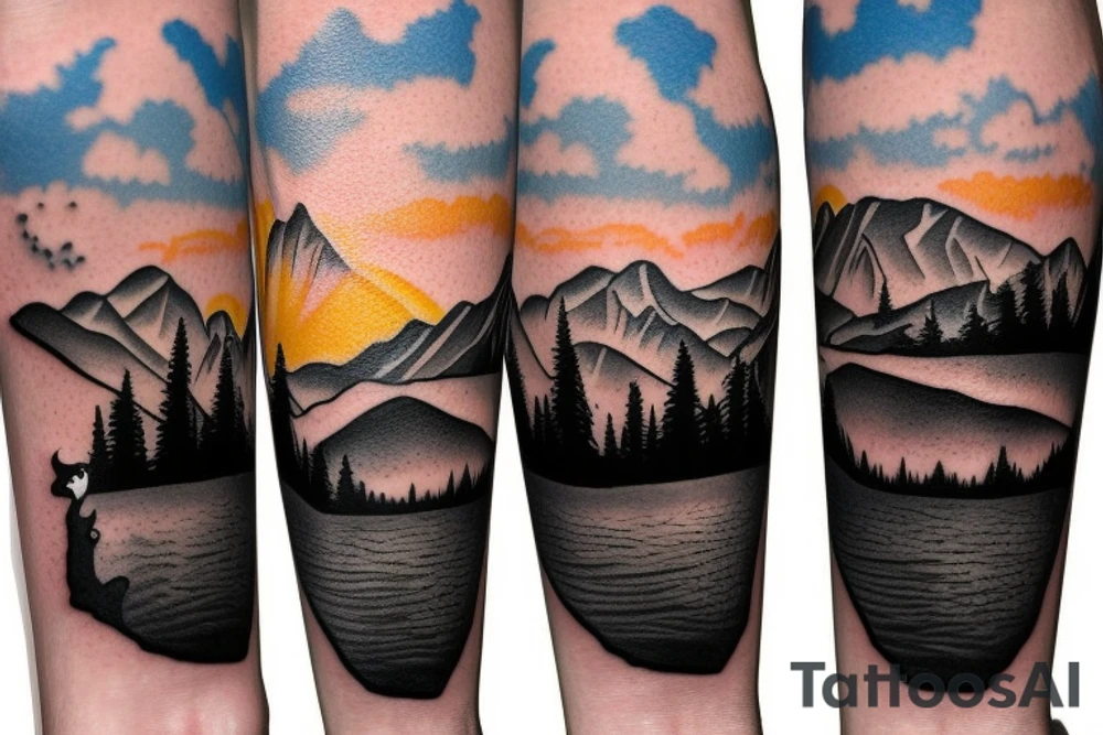 silhouette of a cat looking at snowy mountains and flowers at sunset tattoo idea