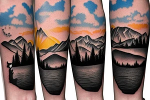 silhouette of a cat looking at snowy mountains and flowers at sunset tattoo idea