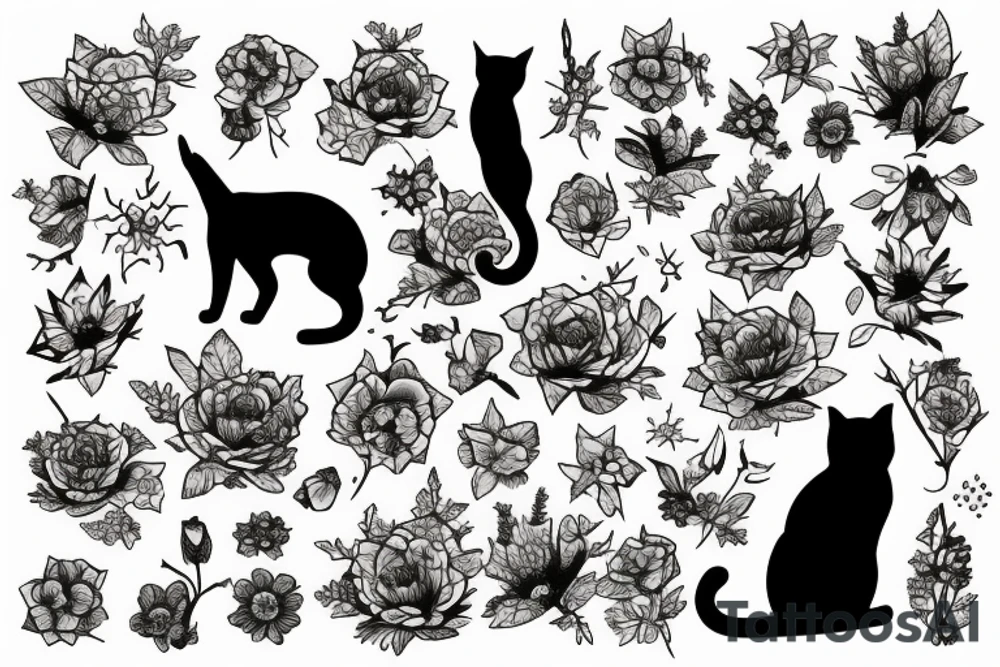 silhouette of a cat looking at snowy mountains and flowers at sunset tattoo idea
