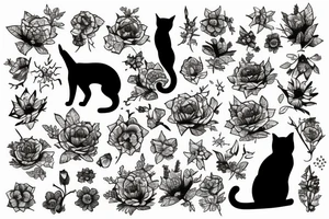 silhouette of a cat looking at snowy mountains and flowers at sunset tattoo idea
