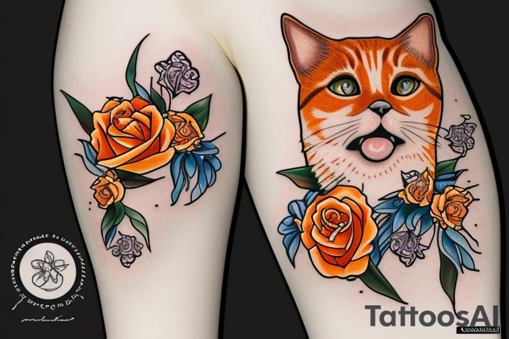 face of orange tabby cat surrounded by roses, lilies and irises tattoo idea