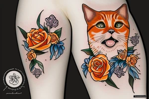 face of orange tabby cat surrounded by roses, lilies and irises tattoo idea