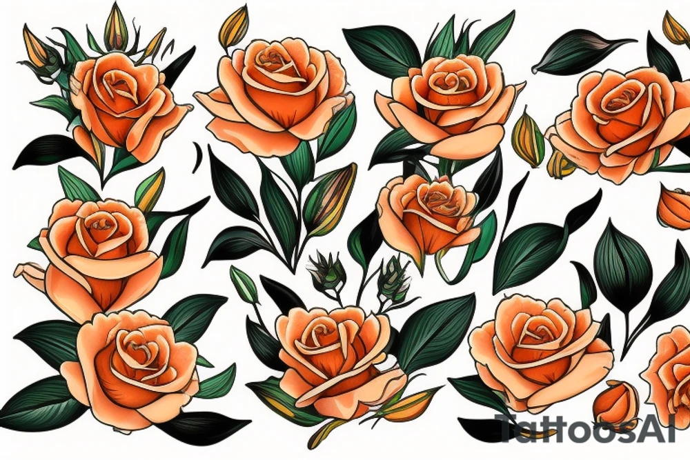 face of orange tabby cat surrounded by roses, lilies and irises tattoo idea