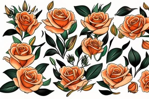 face of orange tabby cat surrounded by roses, lilies and irises tattoo idea
