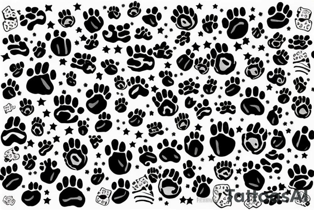 paw print memorial for a cat surrounded by stars tattoo idea