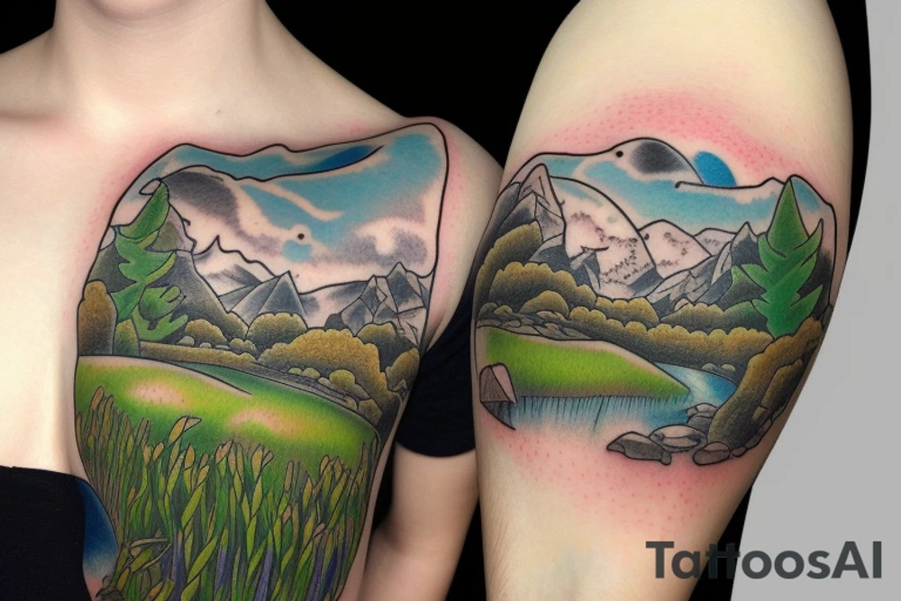 lush meadow in front of a stream and snowy mountains tattoo idea