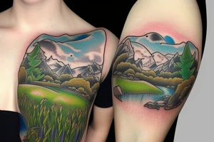 lush meadow in front of a stream and snowy mountains tattoo idea