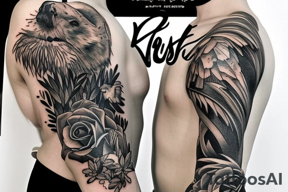 lush meadow in front of a stream and snowy mountains tattoo idea