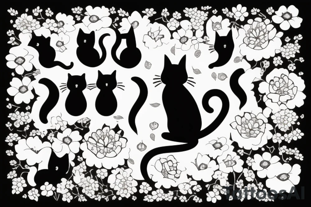 silhouette of a cat surrounded by flowers tattoo idea