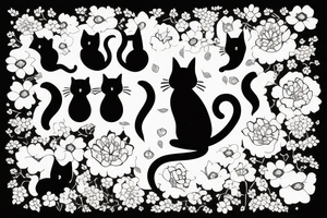silhouette of a cat surrounded by flowers tattoo idea