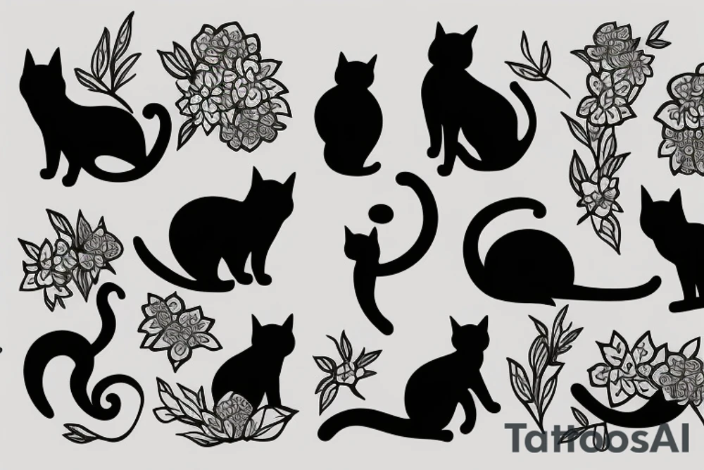 silhouette of a cat surrounded by flowers tattoo idea