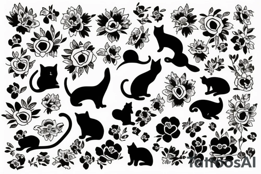 silhouette of a cat surrounded by flowers tattoo idea