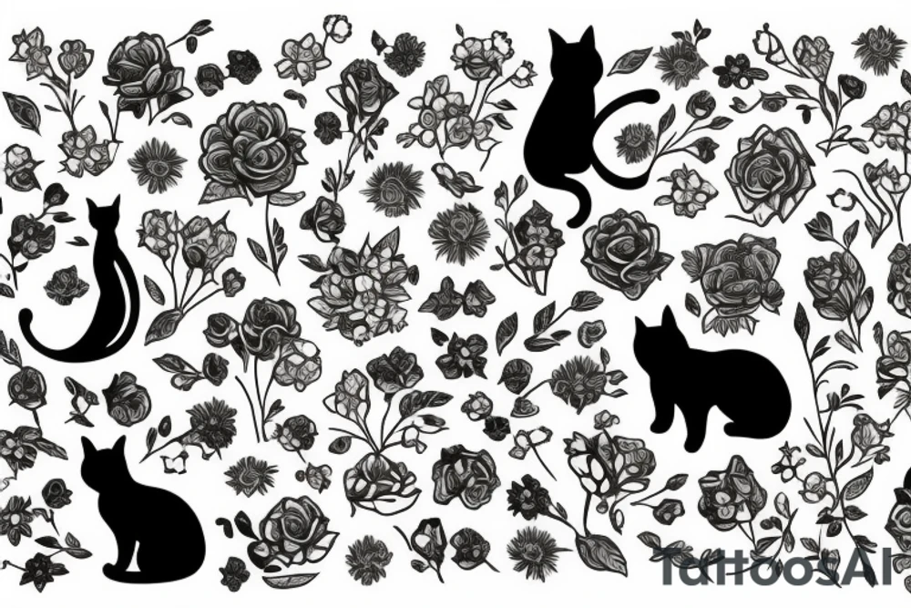 silhouette of a cat surrounded by flowers tattoo idea