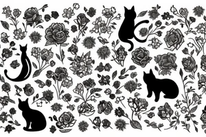 silhouette of a cat surrounded by flowers tattoo idea