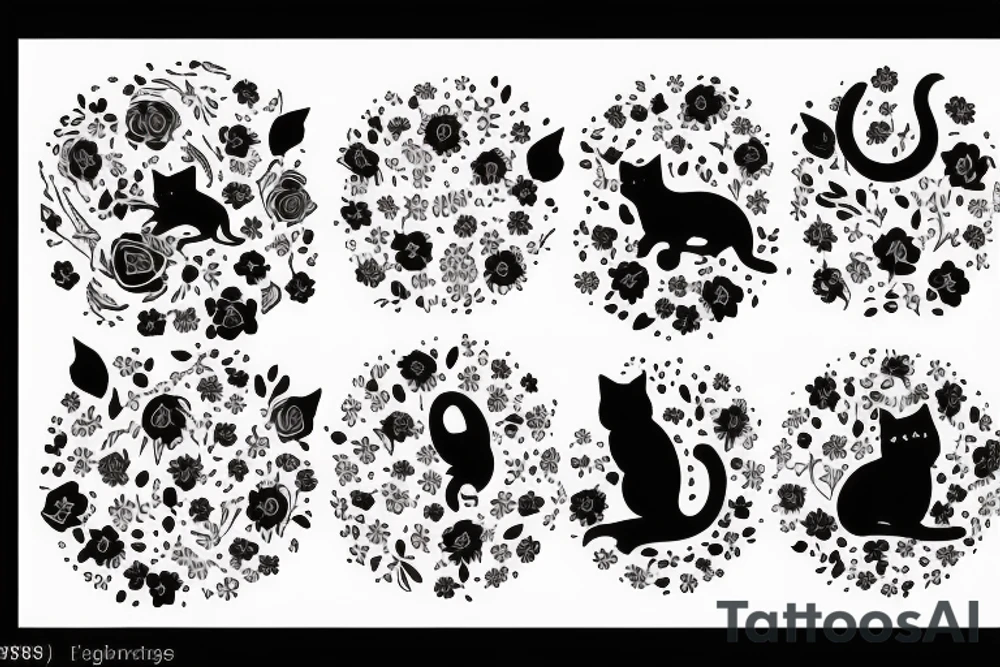silhouette of a cat surrounded by a circle of flowers tattoo idea
