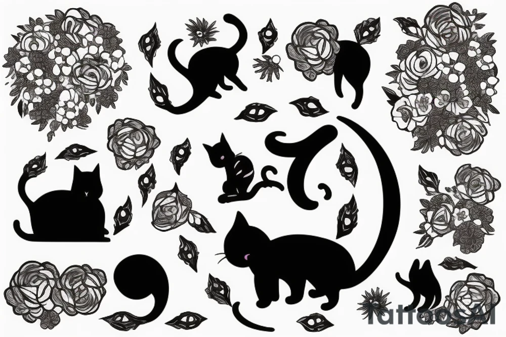 silhouette of a cat surrounded by a circle of flowers tattoo idea