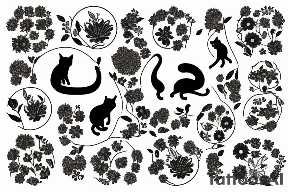 silhouette of a cat surrounded by a circle of flowers and plants tattoo idea