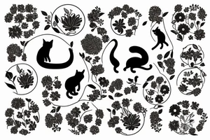 silhouette of a cat surrounded by a circle of flowers and plants tattoo idea
