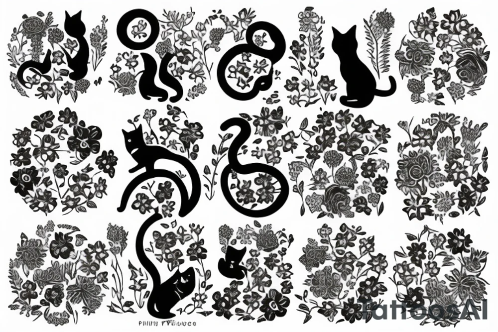 silhouette of a cat surrounded by a circle of flowers and plants tattoo idea