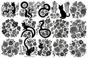 silhouette of a cat surrounded by a circle of flowers and plants tattoo idea