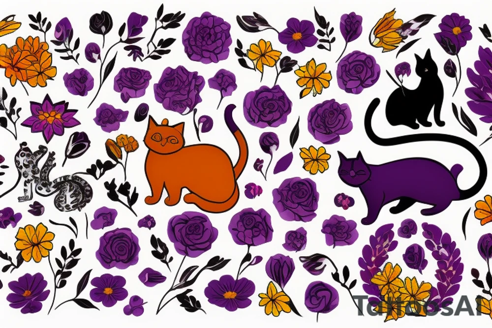 silhouette of a cat surrounded by a circle of red, purple and yellow flowers and plants tattoo idea