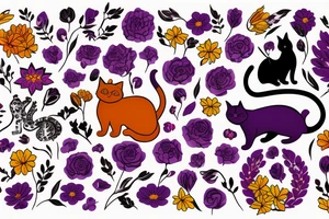 silhouette of a cat surrounded by a circle of red, purple and yellow flowers and plants tattoo idea
