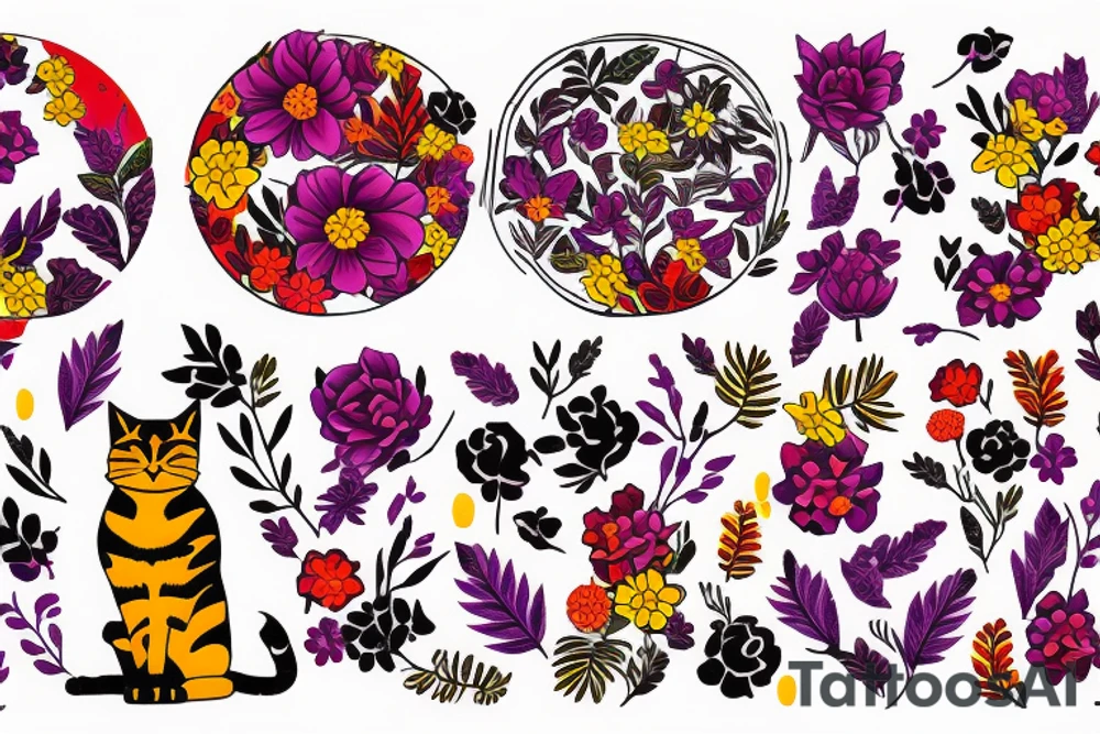 silhouette of a cat surrounded by a circle of red, purple and yellow flowers and plants tattoo idea
