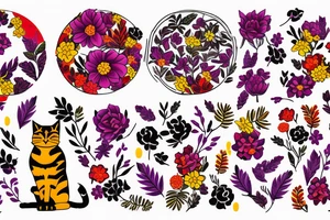 silhouette of a cat surrounded by a circle of red, purple and yellow flowers and plants tattoo idea